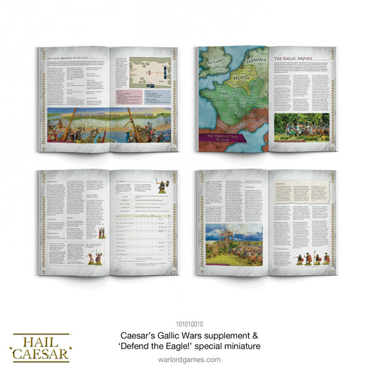 Hail Caesar: Caesar's Gallic Wars – rozkładówki: scenariusz July 54 BC Breaking Up the Camp z mapą i tabelami, mapa Galii z plemionami 58–50 BC (Britannia, Germania, Belgica, Gaul), listy armii galijskich i rzymskich, zasady Druidów i Vercingetoryksa
