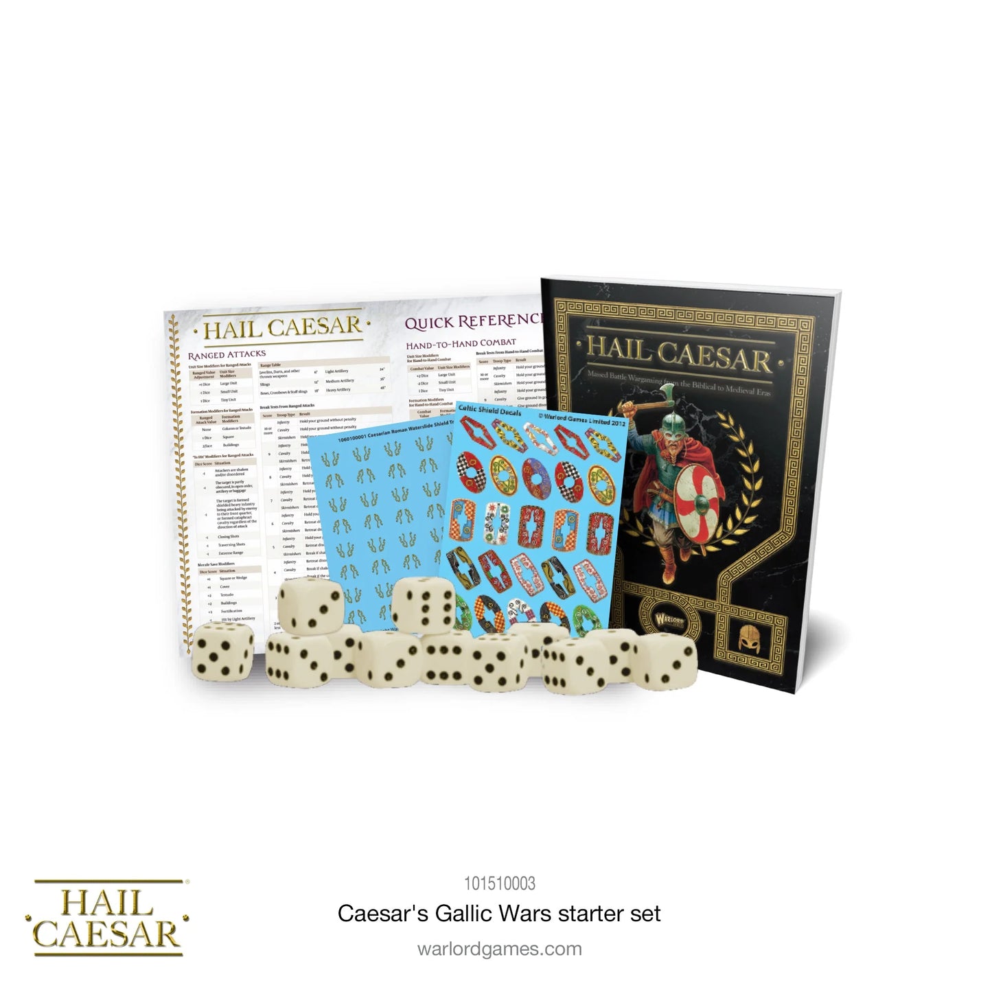Caesar's Gallic Wars Starter Set 101510003 – akcesoria zestawu: książka zasad Hail Caesar Gamer's Edition, arkusz szybkiego odniesienia, kolorowe naklejki wodne na tarcze celtyckie i rzymskie oraz 12 białych kości k6, Warlord Games