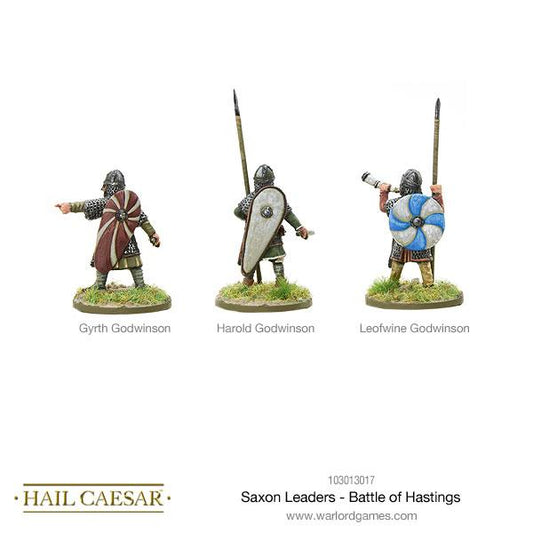 Saxon Leaders Battle of Hastings Warlord Games – 3 metalowe figurki z tyłu: Gyrth z płaszczem, Harold z tarczą normandzką, Leofwine z tarczą okrągłą, detale kolczug i płaszczy, 28mm Hail Caesar