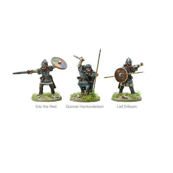 Icelandic Vikings Warlord Games 103013114 – 3 metalowe figurki: Eric the Red z mieczem i tarczą, Gunnar Hamunderson z włócznią, Leif Erikson z tarczą i toporem, 28mm SAGA