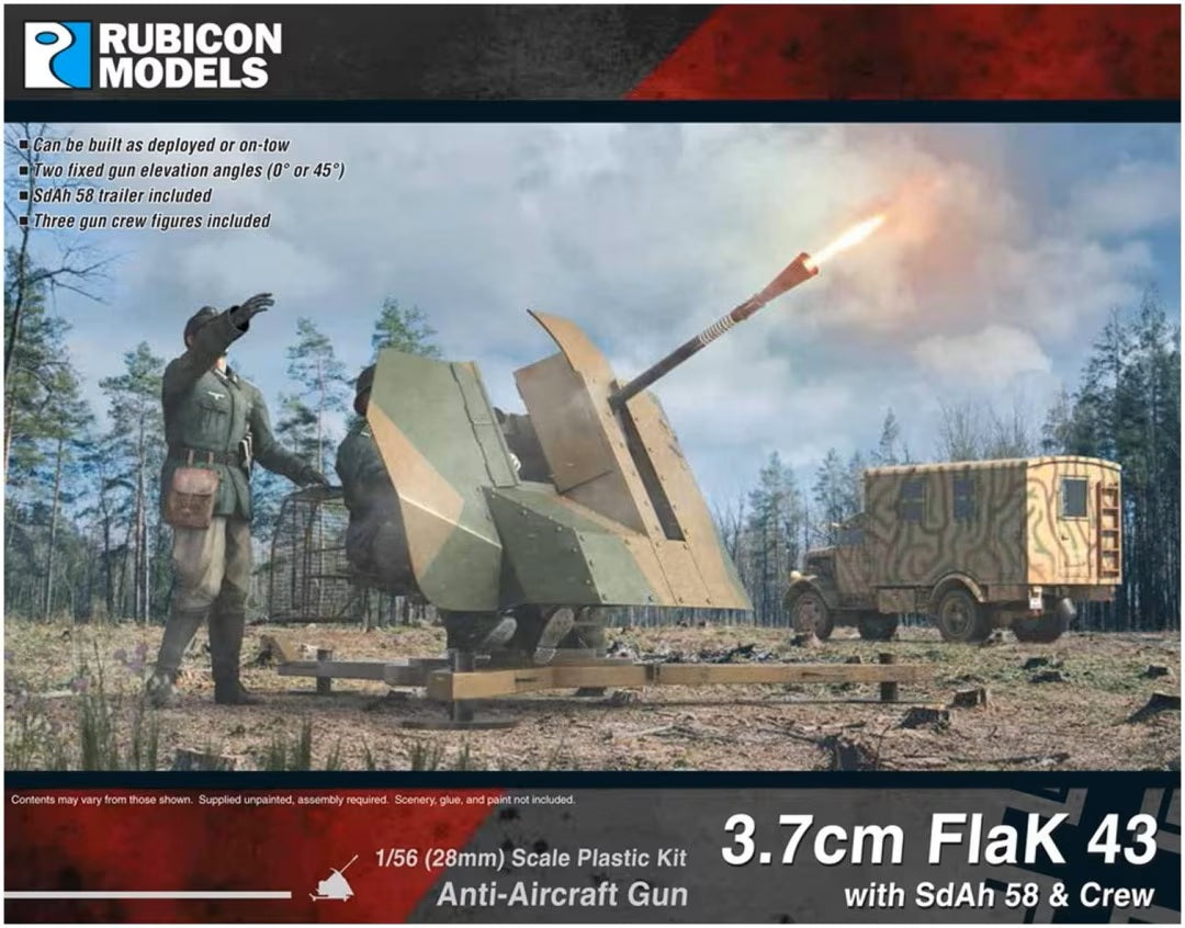 Rubicon Models 3.7cm FlaK 43 – ilustracja na pudełku, działo przeciwlotnicze z załogą i przyczepą SdAh 58 28mm