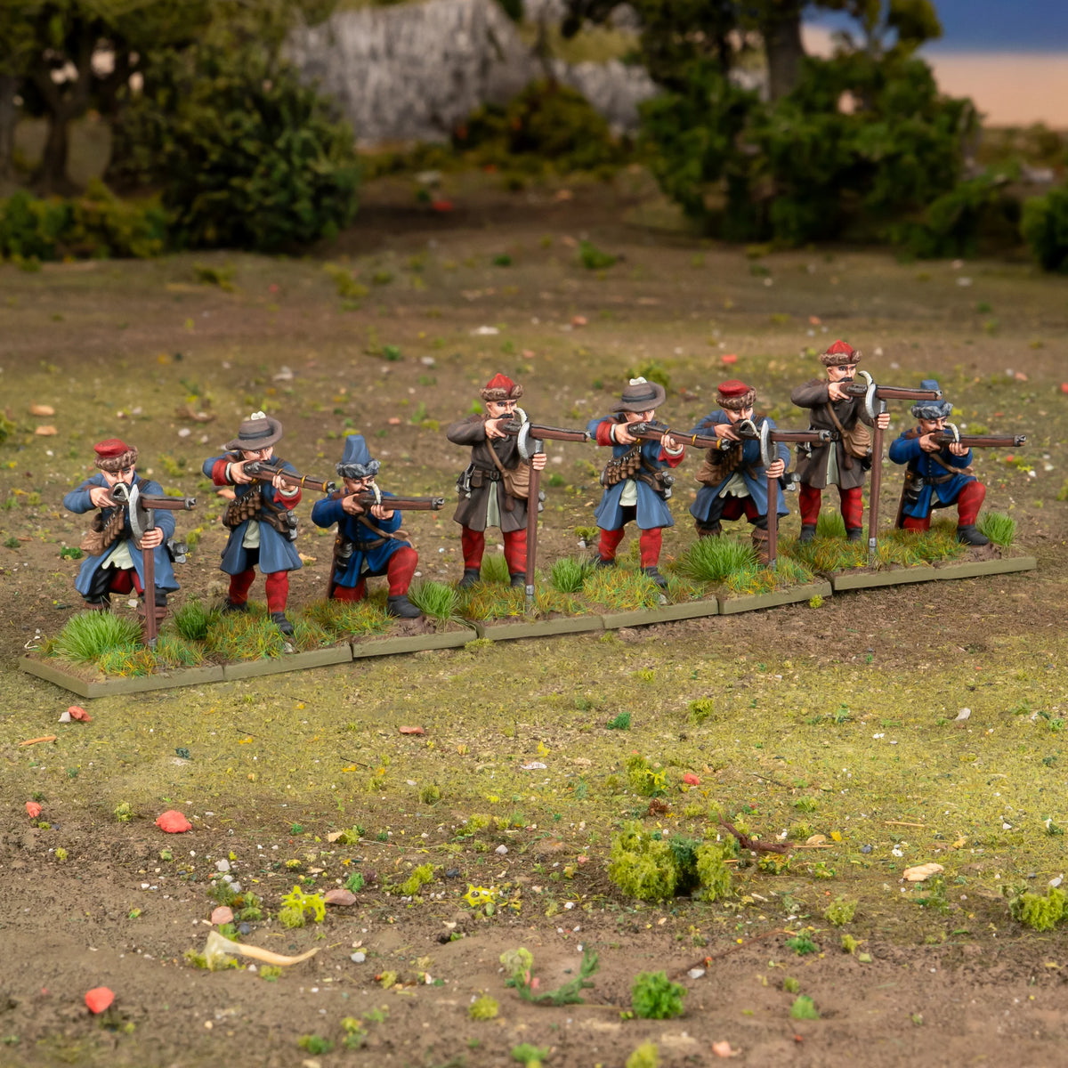 Warlord Games Polish-Lithuanian Later Infantry with Muskets Firing – diorama na terenie: 8 muszkieterów w szyku strzeleckim na polu bitwy 28mm Pike & Shotte