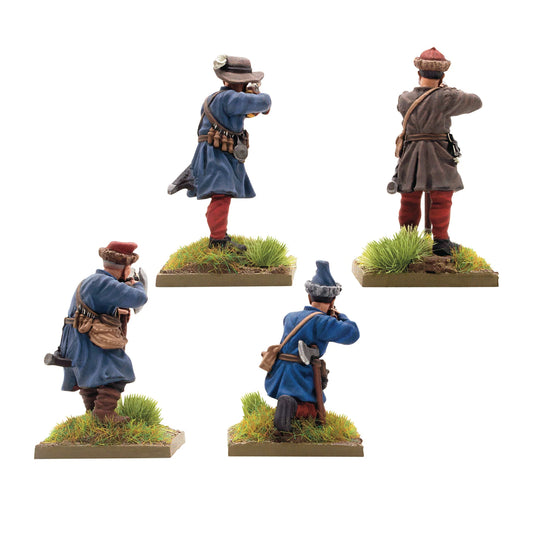 Warlord Games Polish-Lithuanian Later Infantry with Muskets Firing – 4 muszkieterzy, widok z tyłu: ładownice, pasy i wyposażenie w niebieskich i szarych płaszczach 28mm Pike & Shotte