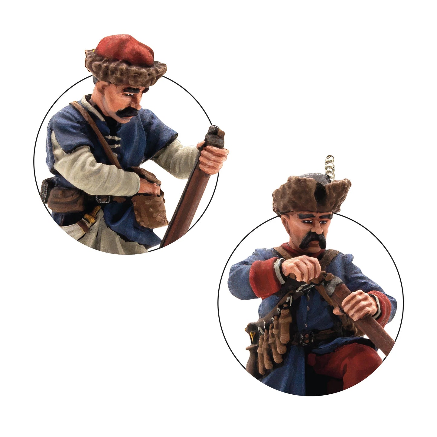 Warlord Games Polish-Lithuanian Later Infantry with Muskets Reloading – zbliżenie: muszkieter w czerwonej czapce ładujący muszkiet i muszkieter w futrzanej czapce z rogiem ładujący hakownicę, detale malowania 28mm Pike & Shotte