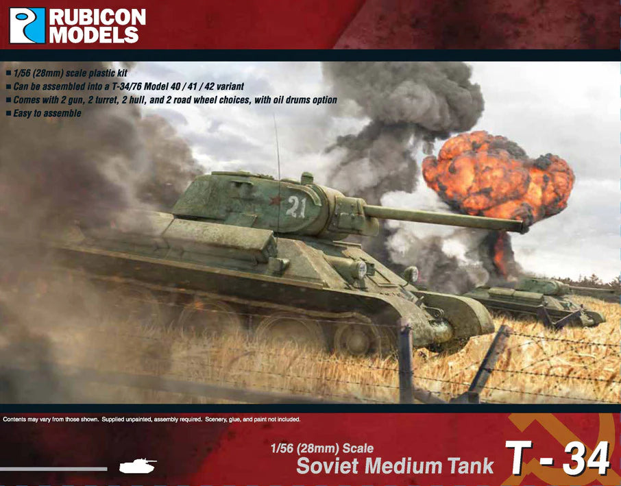 Rubicon Models T-34/76 – ilustracja na pudełku, sowiecki czołg średni w akcji bojowej 28mm Bolt Action