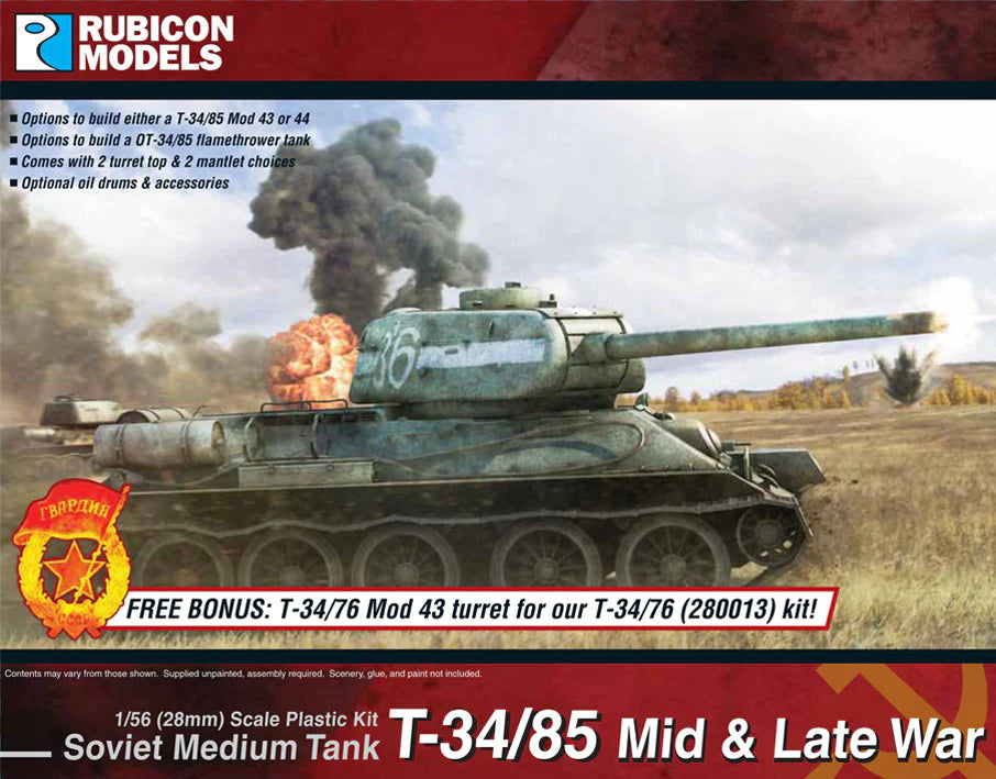 Rubicon Models T-34/85 – ilustracja na pudełku, sowiecki czołg średni na polu bitwy 28mm Bolt Action