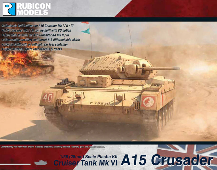 Rubicon Models A15 Crusader – ilustracja na pudełku, czołg na pustyni północnoafrykańskiej 28mm Bolt Action