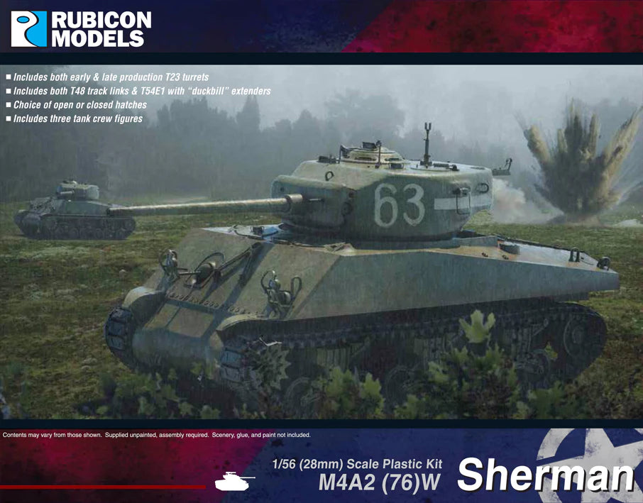 Rubicon Models M4A2 (76)W Sherman – pomalowany model z armatą 76mm wieża T23 28mm Bolt Action