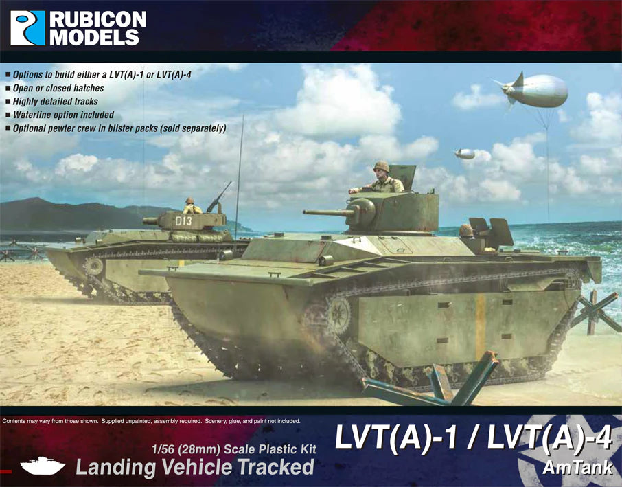 Rubicon Models LVT(A)-1 LVT(A)-4 AmTank – ilustracja na pudełku, amfibia szturmowa z wieżą na plaży 28mm Bolt Action