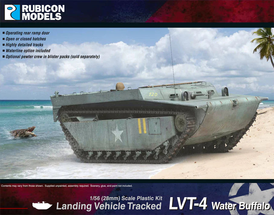 Rubicon Models LVT-4 Water Buffalo – ilustracja na pudełku, amfibia desantowa na plaży 28mm Bolt Action