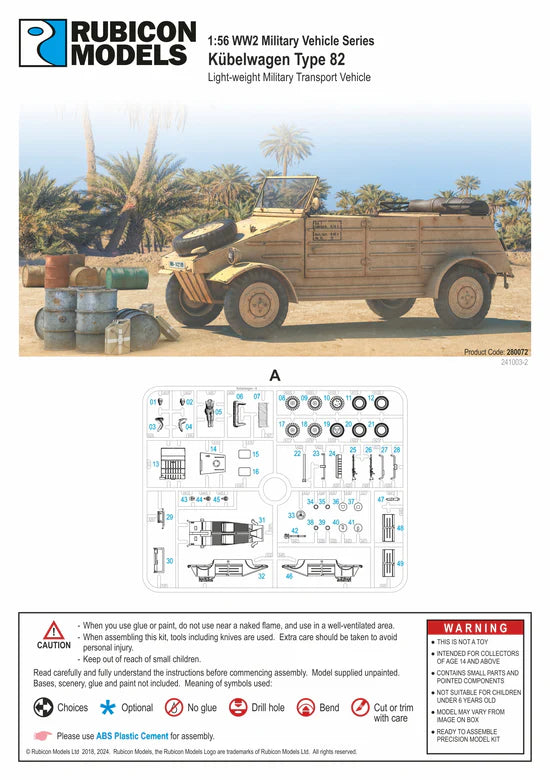 Kübelwagen Type 82 Rubicon Models – okładka instrukcji i sprue A, 49 elementów, 280072