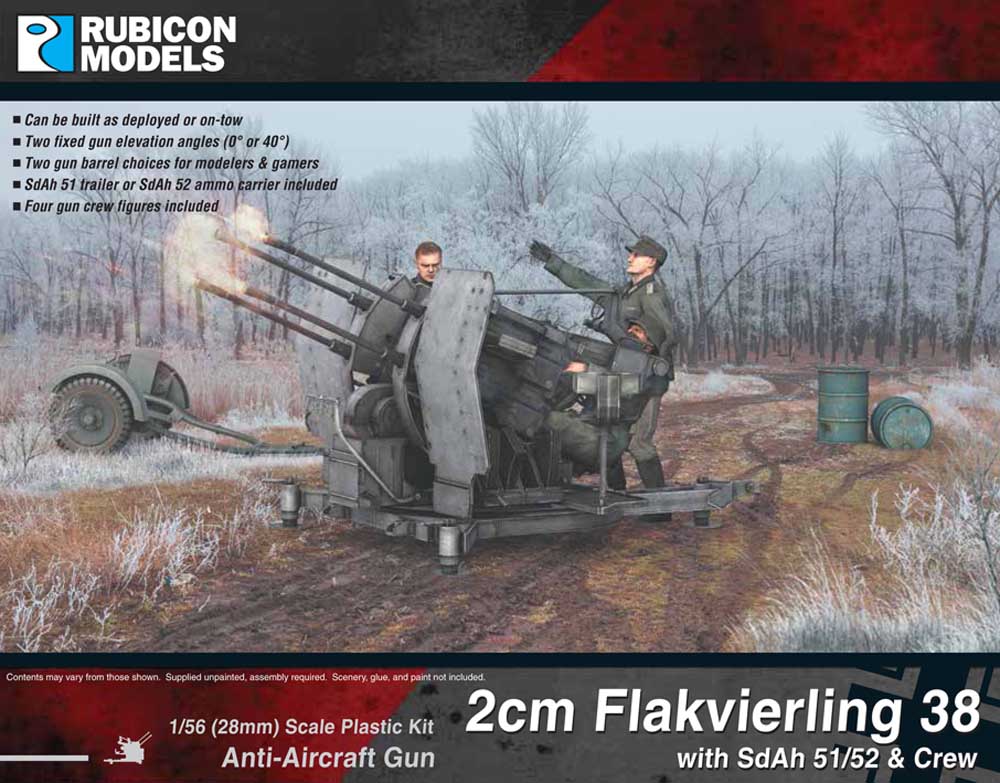 Rubicon Models 2cm Flakvierling 38 z przyczepą SdAh 51/52 – pudełko zestawu 1/56 28mm Bolt Action