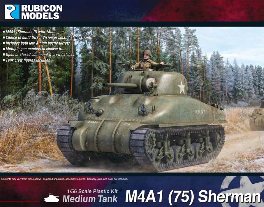 Rubicon Models M4A1 (75) Sherman – widok boczny modelu na pudełku 28mm Bolt Action