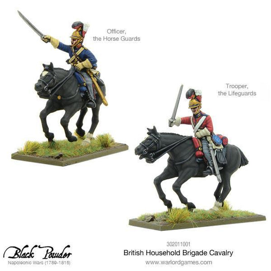 British Household Brigade Cavalry – oficer Horse Guards w niebieskim mundurze i żołnierz Lifeguards w czerwonym mundurze, dwie pomalowane figurki 28mm Black Powder