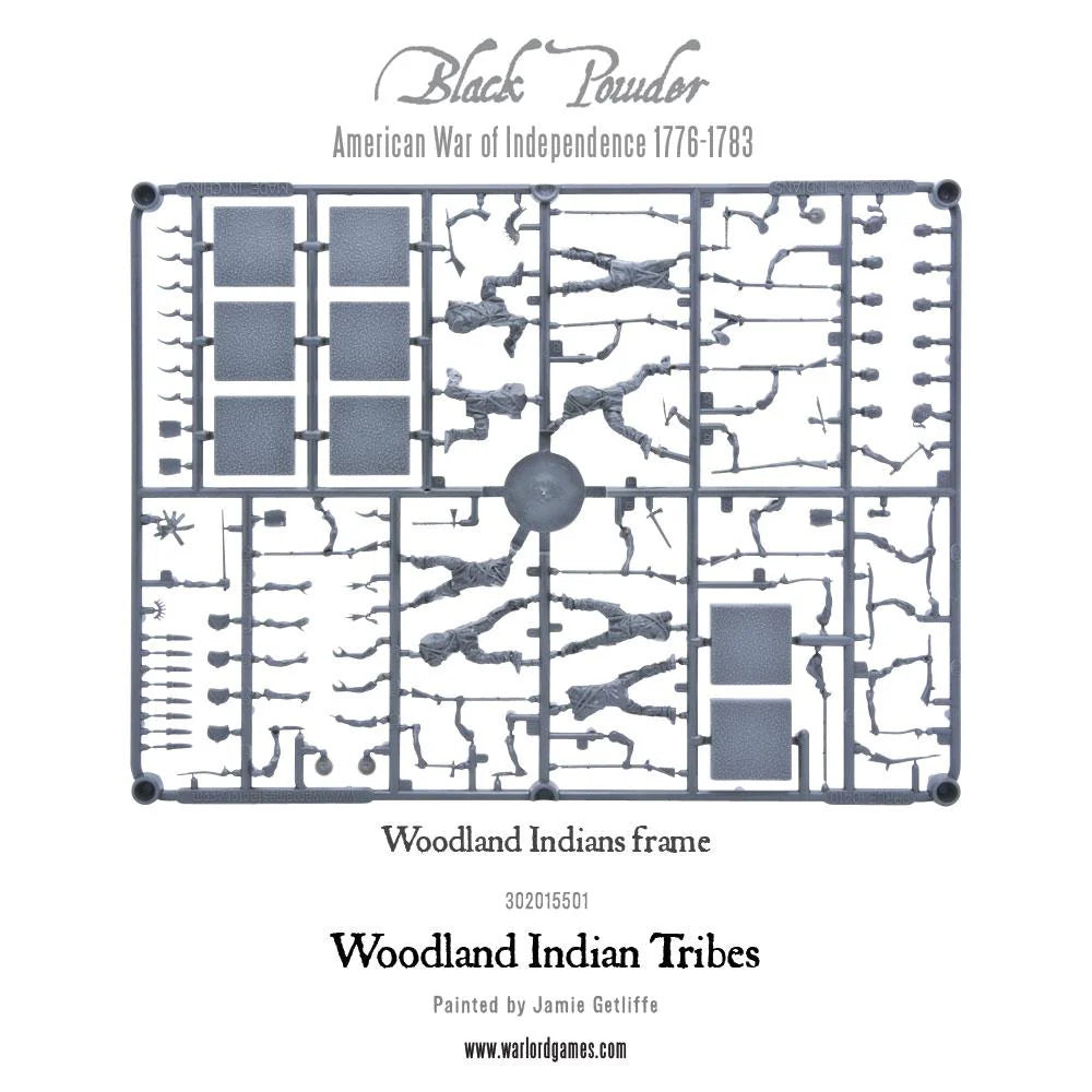 Woodland Indian Tribes 302015501 – szara ramka plastikowa Woodland Indians Frame z tułowiami, głowami, tomahawkami, muszkietami i akcesoriami, zestaw do montażu 28mm Black Powder