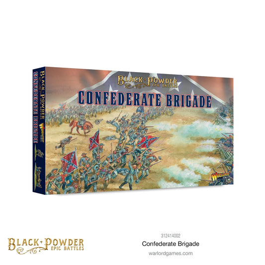 Black Powder Epic Battles ACW Confederate Brigade - pudełko zestawu z ilustracją przedstawiającą szarżujących żołnierzy Konfederacji z flagami Battle Flag pod wielką flagą Konfederacji - napis Confederate Brigade na granatowym tle - Warlord Games 312414002 - warlordgames.com