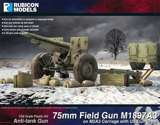 75mm Field Gun M1897A3 na lawecie M2A3 z obsługą US Army – Rubicon Models 280127, skala 1:56, Bolt Action WWII