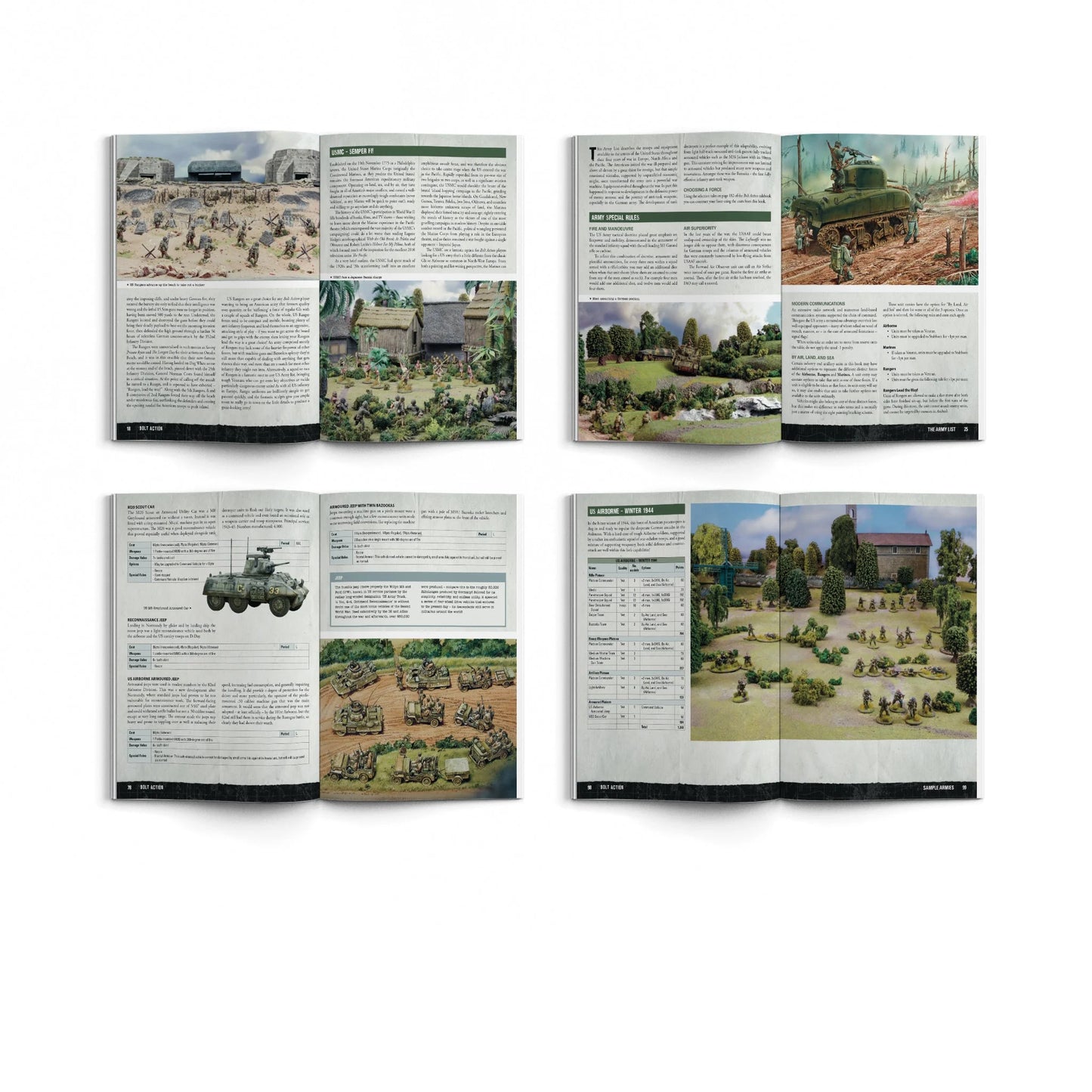 Bolt Action Armies of the United States Third Edition 401013001 – cztery rozkładówki książki: górny rząd – strona historyczna Semper Fi z fotografiami stołów bitewnych i pojazdów oraz strona Army Special Rules z czołgiem Sherman i zasadami specjalnymi; dolny rząd – strona z profilami jednostek Reconnaissance i US Airborne z pojazdami oraz strona Sample Armies z listą 101st Airborne Winter 1944 i stołem bitewnym, Warlord Games Osprey Games
