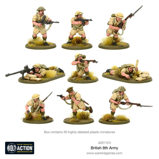 British 8th Army Platoon - Bolt Action 28mm - 9 figurek pomalowanych mundury pustynne Lee Enfield Thompson - Warlord Games