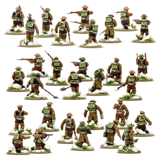 British Canadian Infantry Winter Platoon - Bolt Action 28mm - 30 figurek widok z tyłu wyposażenie zimowe plecaki - Warlord Games