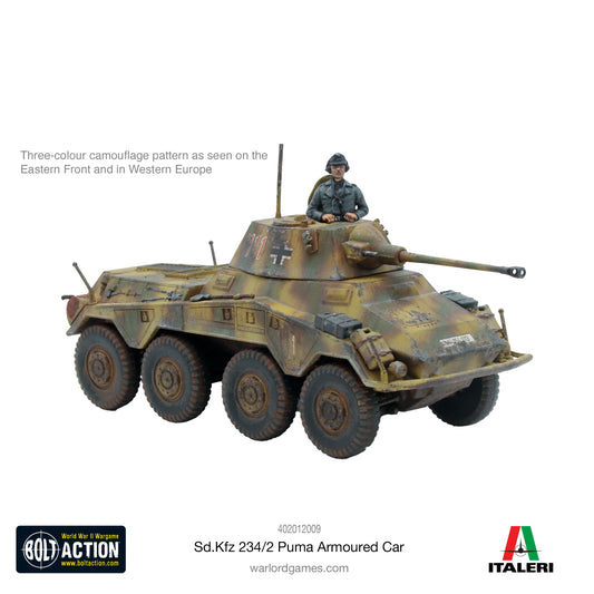 Puma Sd.Kfz 234/2 Armoured Car - Bolt Action 28mm - niemiecki samochód pancerny z zamkniętą wieżą i działkiem 5cm - kamuflaż trójkolorowy Front Wschodni - widok z przodu - skala 1/56 - Warlord Games