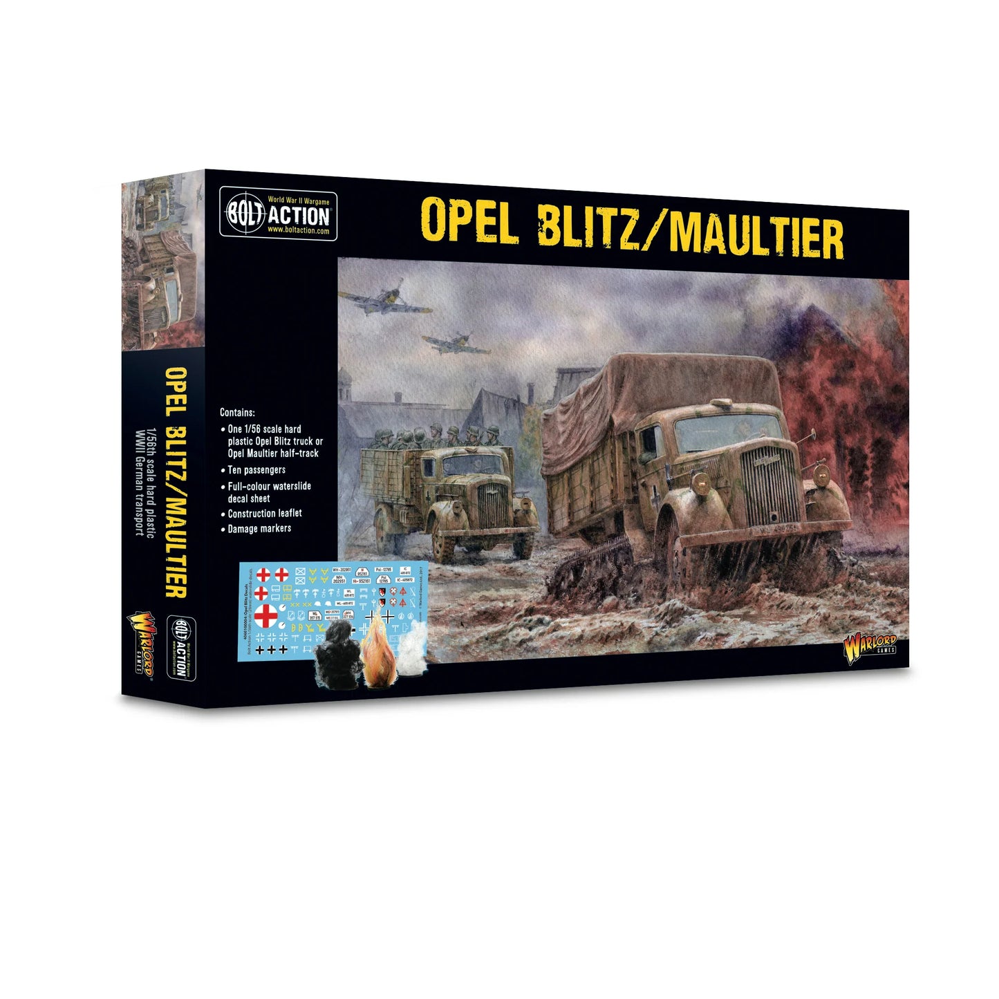 Opel Blitz Maultier - Bolt Action 1/56 28mm - opakowanie pudełko z ilustracją ciężarówki i półgąsienicowca w zimowym kamuflażu z żołnierzami na froncie wschodnim - plastikowy model - Warlord Games