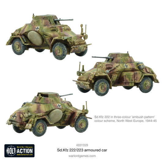 Sd.Kfz 222 - Bolt Action 1/56 28mm - trzy samochody pancerne w kamuflażu ambush 3-colour z działkami 2cm KwK 30 karabinami MG34 krzyżami balkenkreuz - Europa Północno-Zachodnia 1944-45 - Warlord Games