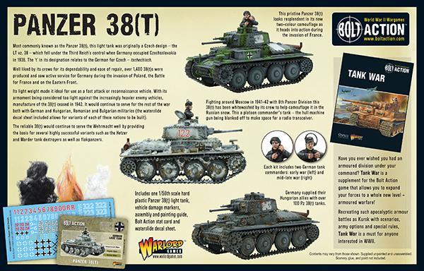 Panzer 38(t) - Bolt Action 1/56 28mm - tył opakowania z historią LT vz 38 czeski design wariantami Hetzer Marder kamuflażami i informacjami o Tank War - Warlord Games