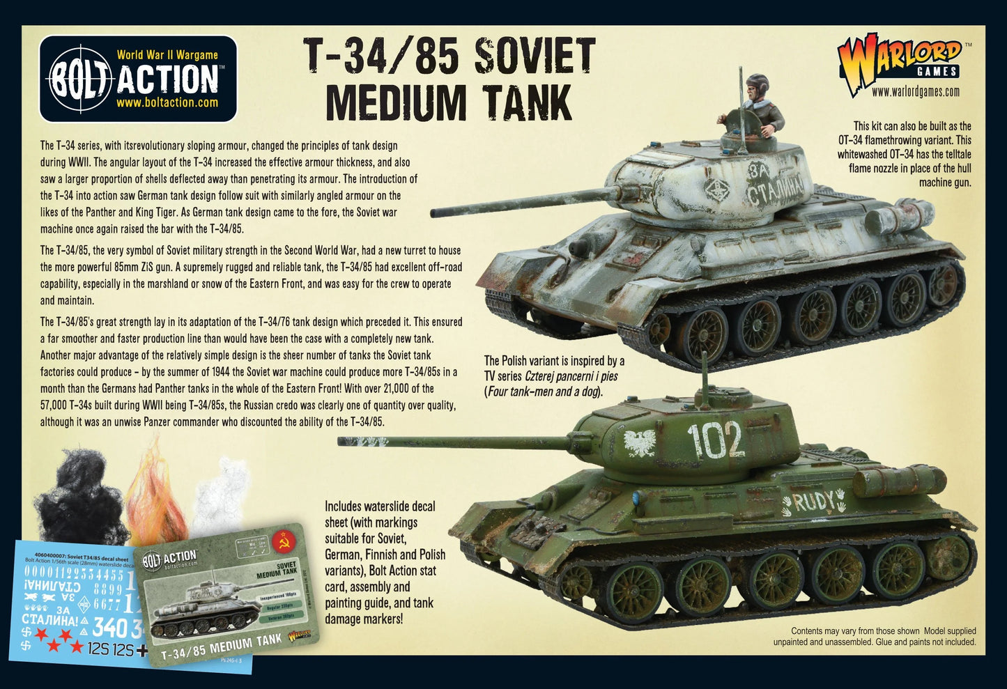 T-34/85 Medium Tank - Bolt Action 28mm - pudełko tył OT-34 flamethrower whitewash 102 RUDY Polish variant Czterej pancerni i pies opis historyczny zawartość - Warlord Games