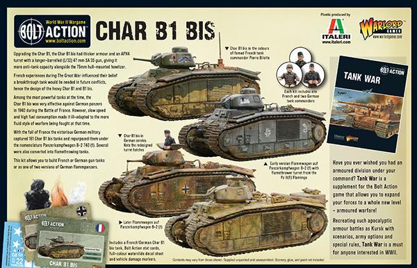 Char B1 bis - Bolt Action 28mm - tył opakowania z wariantami malowania i Flammpanzer - pudełko zestawu - Warlord Games