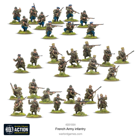 French Army Infantry - Bolt Action 28mm - 30 figurek piechota francuska regularna chasseurs à pied fortress troops engineers colonial troops mundury khaki hełmy Adrian berety podstawki - Warlord Games