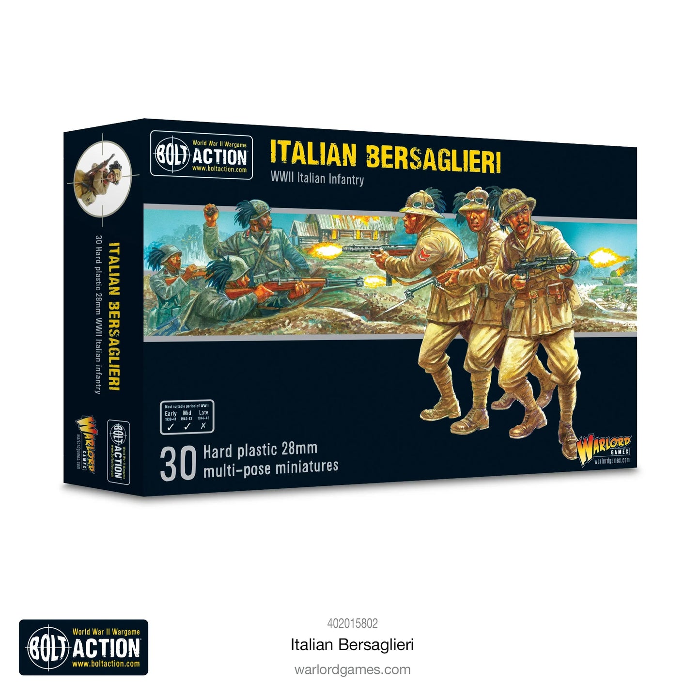 Italian Bersaglieri - Bolt Action 28mm - opakowanie produktu z dramatyczną ilustracją: Bersaglieri w mundurach khaki z czarnymi piórami głuszca szturmujący pozycje z karabinami Carcano - 30 plastikowych figurek 28mm multi-pose - Warlord Games