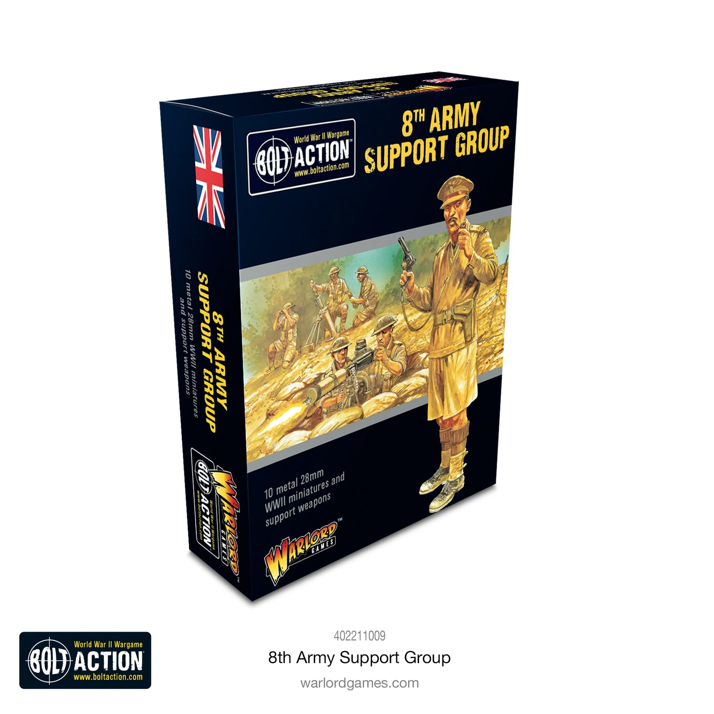 8th Army Support Group - Bolt Action 28mm - pudełko metalowe figurki HQ Vickers MG moździerz support weapons - Warlord Games