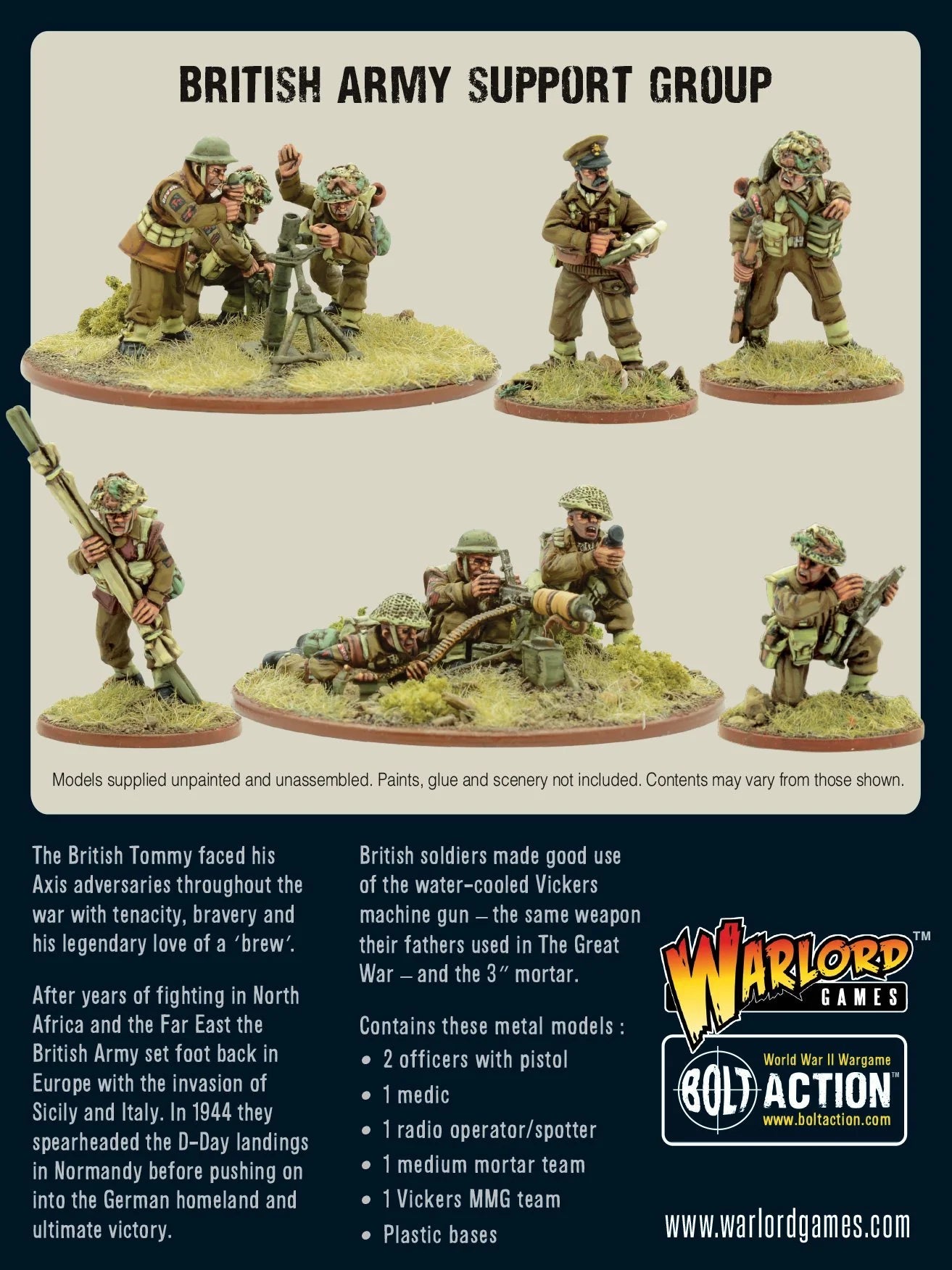 British Army Support Group Bolt Action - tył pudełka zestawu: szare tło z napisem BRITISH ARMY SUPPORT GROUP, 7 pomalowanych figurek 28mm w 5 grupach (moździerz, oficer, obserwator, PIAT, Vickers MMG, Bren), opis lore Brytyjczyków w II wojnie światowej, lista zawartości: 2 officers with pistol, 1 medic, 1 radio operator/spotter, 1 medium mortar team, 1 Vickers MMG team, Plastic bases, logo Bolt Action i Warlord Games, kod 402211011