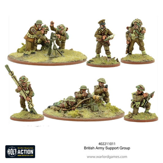 British Army Support Group Bolt Action - 7 pomalowanych metalowych figurek 28mm widok z logo Bolt Action i kodem 402211011: górny rząd - zespół moździerza 3" (2 figurki przy moździerzu na owalnej podstawce), oficer z mapą, obserwator z lornetką; dolny rząd - figurka z PIAT-em, zespół Vickers MMG (2 figurki leżące), strzelec z Bren LMG, brązowe owalne podstawki z trawą, białe tło