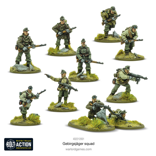 Gebirgsjäger Squad - Bolt Action 28mm - 10 metalowych figurek piechoty górskiej Wehrmacht z plecakami górskimi - widok z przodu - Warlord Games
