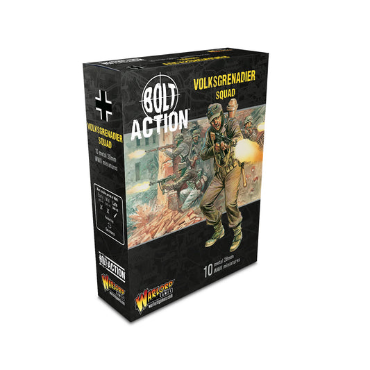Volksgrenadier Squad Bolt Action Warlord Games – pudełko zestawu 10 metalowych figurek 28mm WW2, czarne opakowanie z ilustracją atakujących grenadierów, logo Bolt Action i Warlord Games, napis "10 metal 28mm WWII miniatures"