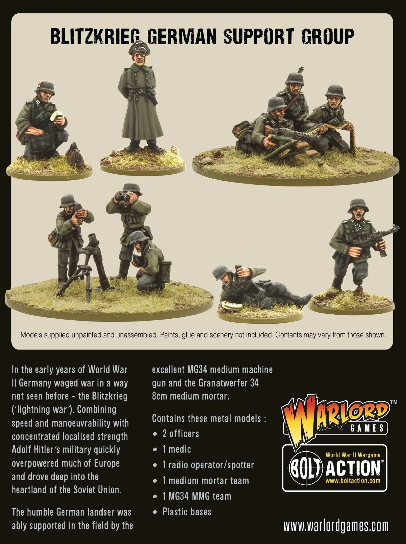 Blitzkrieg German Support Group Bolt Action – zawartość zestawu, oficerowie MG34 moździerz, 402212007