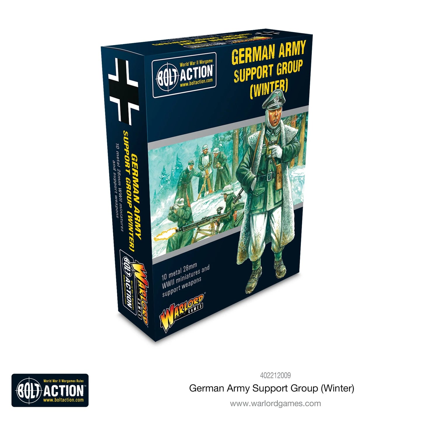 German Army (Winter) Support Group - Bolt Action 28mm - opakowanie produktu z ilustracją oficera Wehrmacht w zimowym mundurze na Froncie Wschodnim - 10 metalowych figurek z bronią wsparcia - Warlord Games
