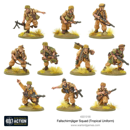 Fallschirmjäger Squad Tropical Uniform - Bolt Action 28mm - 10 figurek spadochroniarzy z MG34 MP40 karabinami w tropikalnych mundurach - widok z przodu - Warlord Games