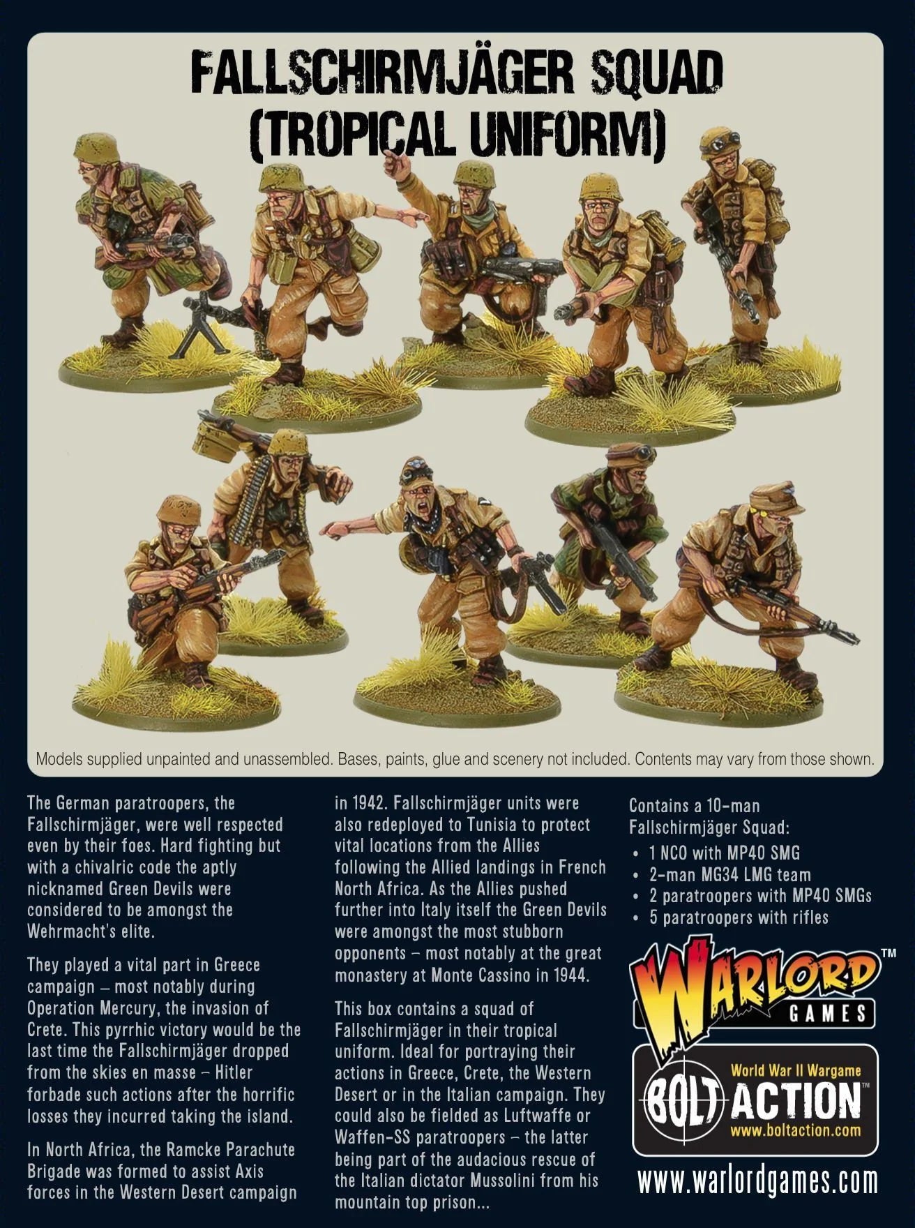Fallschirmjäger Squad Tropical Uniform - Bolt Action 28mm - tył opakowania z zawartością drużyny NCO MG34 MP40 karabiny - informacje o zestawie - Warlord Games