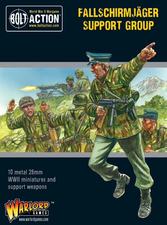 Fallschirmjager Support Group - Bolt Action 28mm - opakowanie produktu z ilustracją oficera Fallschirmjager w kamuflaż splinter wydającego rozkazy - 10 metalowych figurek 28mm z bronią wsparcia - Warlord Games