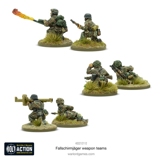 Fallschirmjäger Weapons Teams - Bolt Action 28mm - widok z tyłu: zespół miotaczy ognia Flammenwerfer, 2 snajperzy z celownikami ZF39, zespół Panzerschreck - charakterystyczne mundury spadochroniarzy - Warlord Resin Plus - Warlord Games