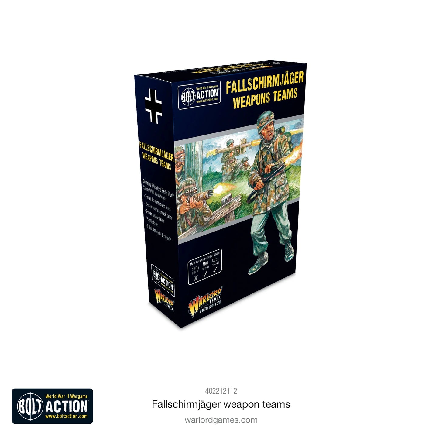 Fallschirmjäger Weapons Teams - Bolt Action 28mm - opakowanie produktu z ilustracją spadochroniarza z Panzerschreck w akcji bojowej - 6 figurek żywicznych Warlord Resin Plus - skala 1/56 - Warlord Games