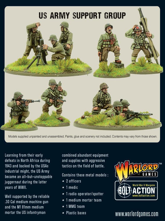 US Army Support Group zawartość pudełka - 2 oficerów, medyk, radiowiec, zespół MMG Browning .30 cal, zespół moździerza 81mm M1, podstawki