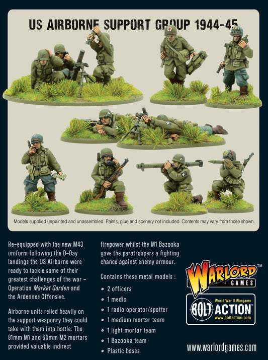 Pudełko US Airborne Support Group 1944-45 – 11 metalowych figurek 28mm WWII, Bolt Action Warlord Games