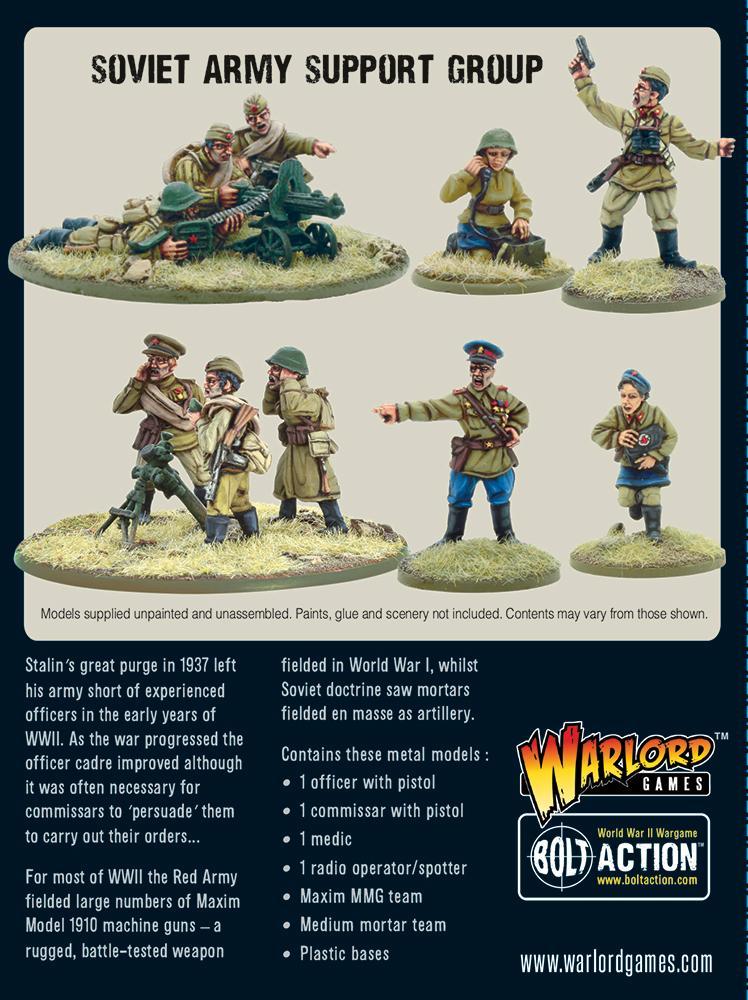 Soviet Army Support Group - Bolt Action 28mm - pudełko tył pomalowane figurki HQ oficer commissar medic radio operator Maxim MMG mortar podstawki opis historyczny zawartość - Warlord Games