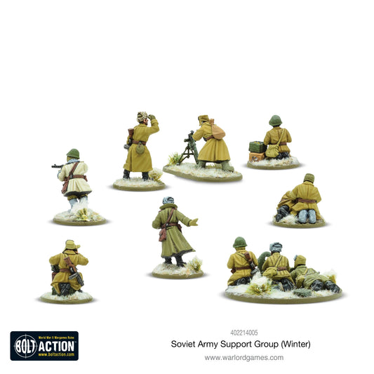 Soviet Army Winter Support Group - Bolt Action 28mm - oficer widok z tyłu moździerz 82mm widok z tyłu Maxim MMG widok z tyłu zimowe mundury khaki płaszcze śnieg podstawki - Warlord Games
