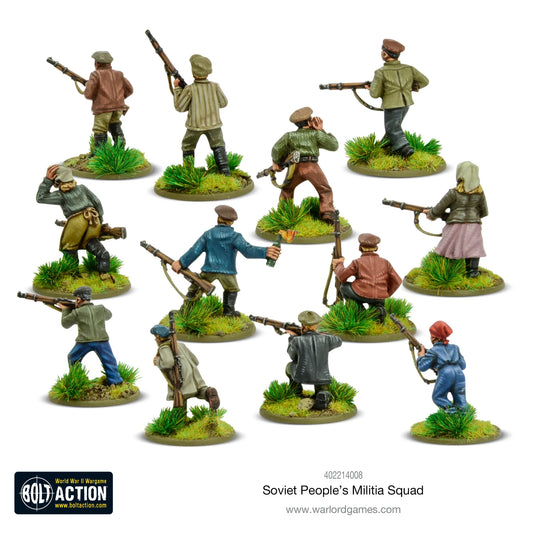 Soviet Peoples Militia Squad Warlord Games 402214008 – 12 pomalowanych metalowych figurek radzieckiej milicji ludowej 28mm Bolt Action, widok z tyłu, cywilne ubrania – kurtki, płaszcze, czapki, chusta na głowie, uzbrojenie w karabiny i koktajl Mołotowa, podstawki z trawą, logo Bolt Action, białe tło