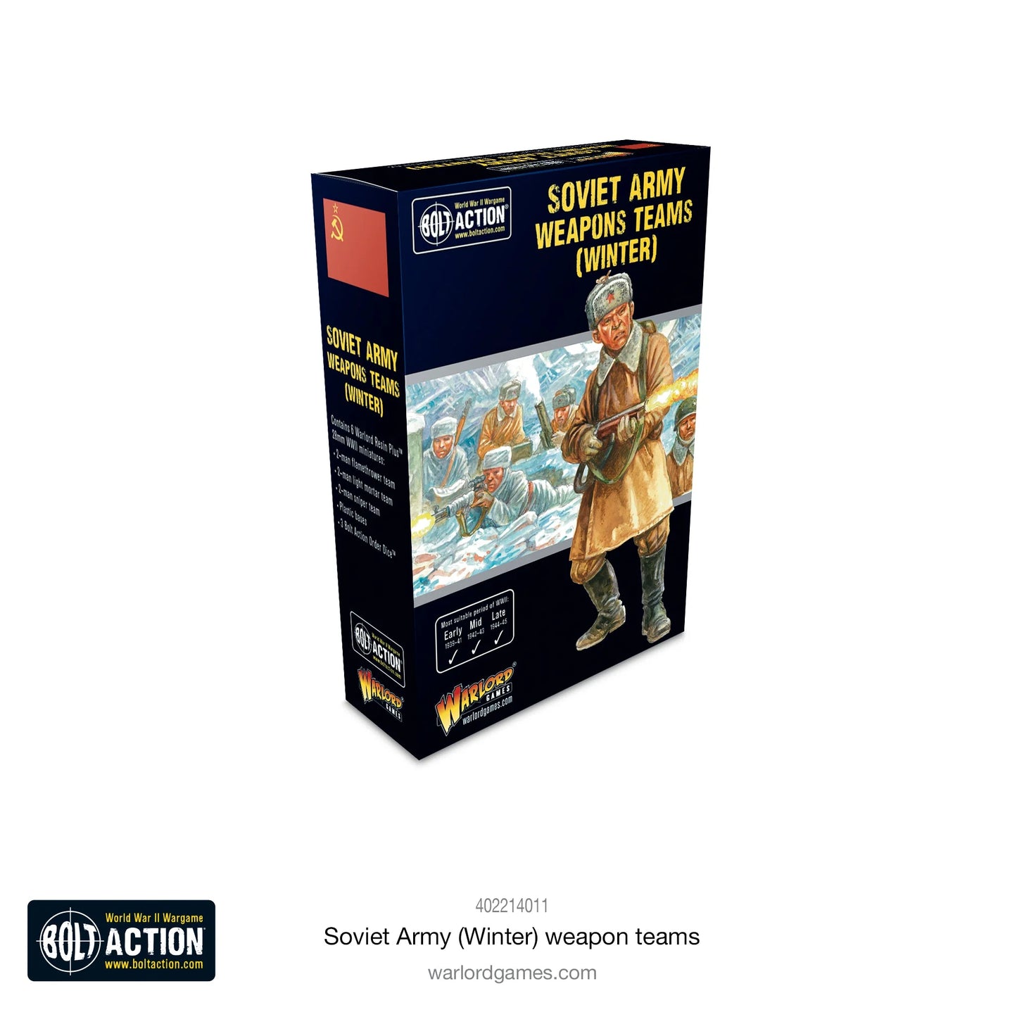 Soviet Army Winter Weapons Teams - Bolt Action 28mm - pudełko ilustracja kolorowa snajper Mosin-Nagant płaszcz khaki moździerz 50mm miotacz ognia ROKS-2 zimowa scena śnieg 6 figurek żywica - Warlord Games